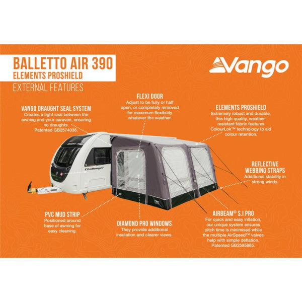 Diagram showing the external features of a Vango Balletto 390 Proshield