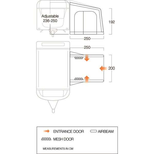 Diagram showing the dimensions of a Vango Balletto Air 200