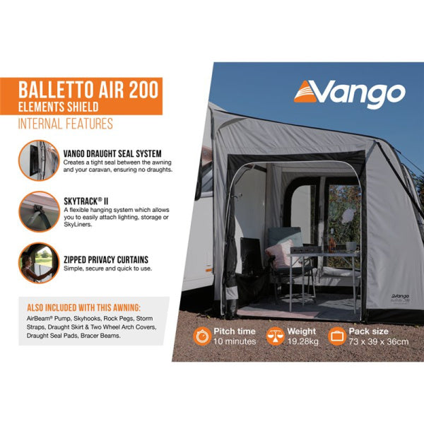 A written diagram explaining the internal features of a Vango Balletto Air 200 Elements Shield