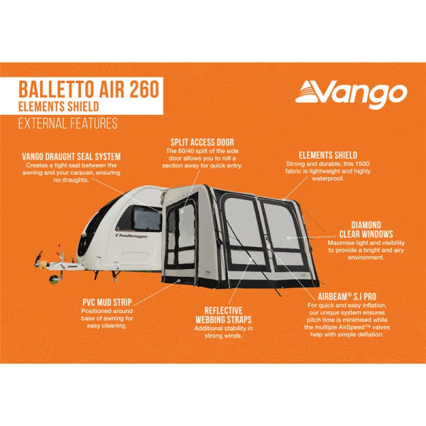 A diagram showing the external features of a Vango Balletto Air 260 Elements Shield