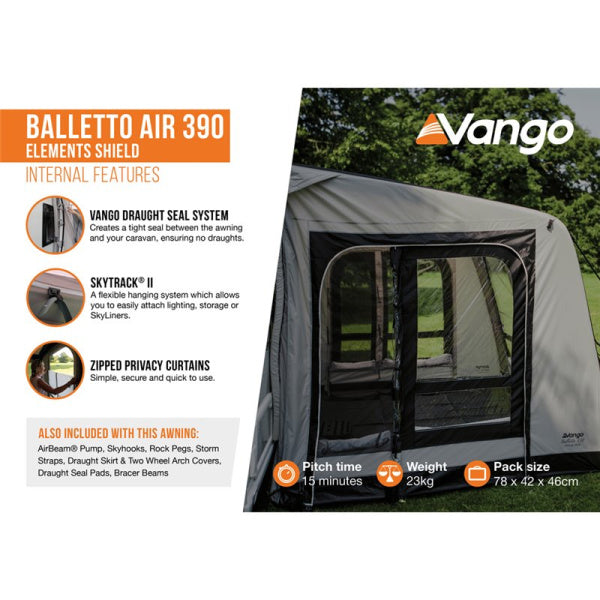 A diagram showing the internal features of a Vango Balletto Air 390 Elements Shield