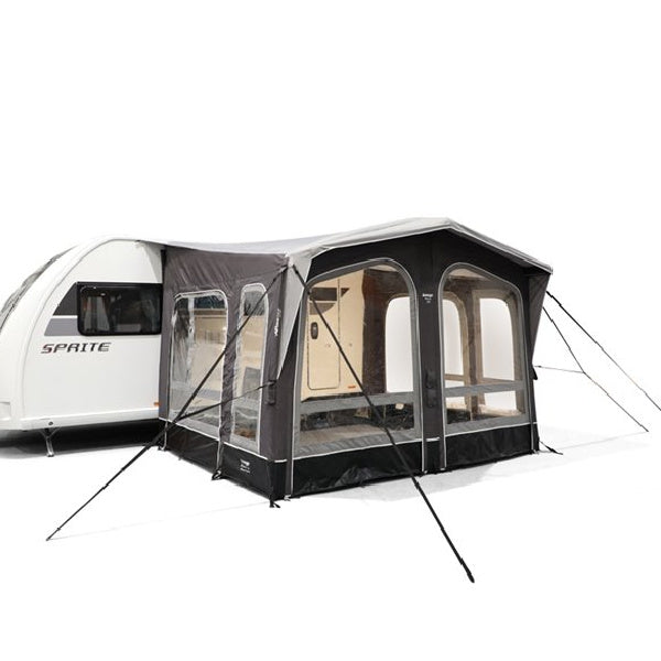 A Vango Riviera 330 with closed panels on a white background