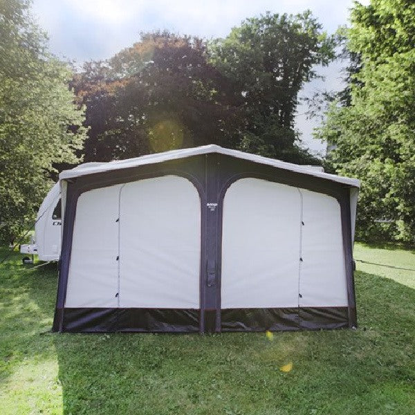 A Vango Riviera 390 Air Awning shown from the front with closed panels