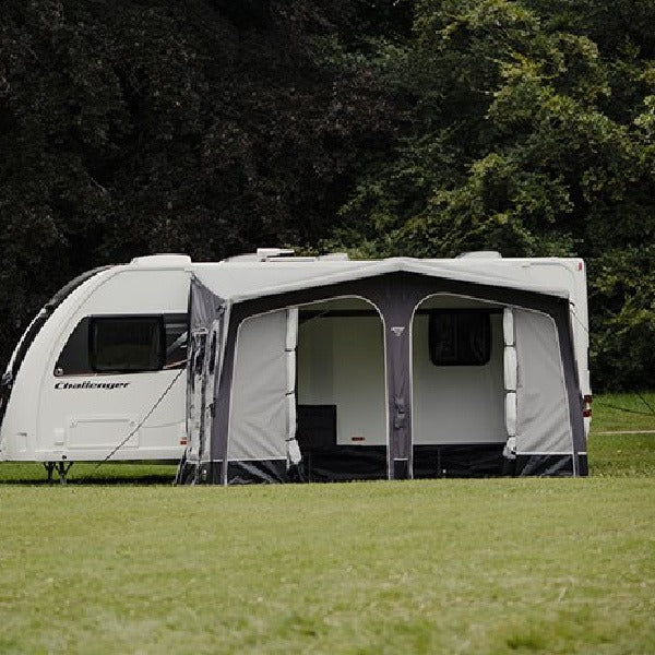 A Vango Riviera Air 390 shown from the front in a field