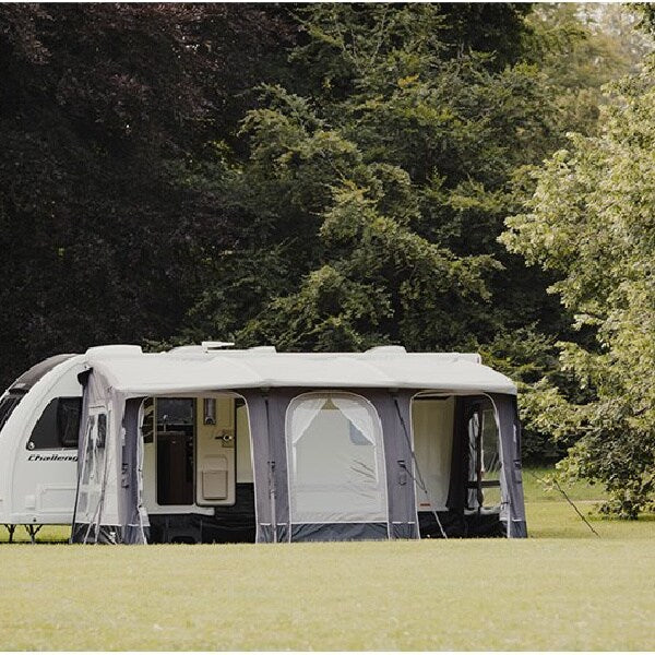 A Vango Tuscany 500 Awning shown from the front in mid distance