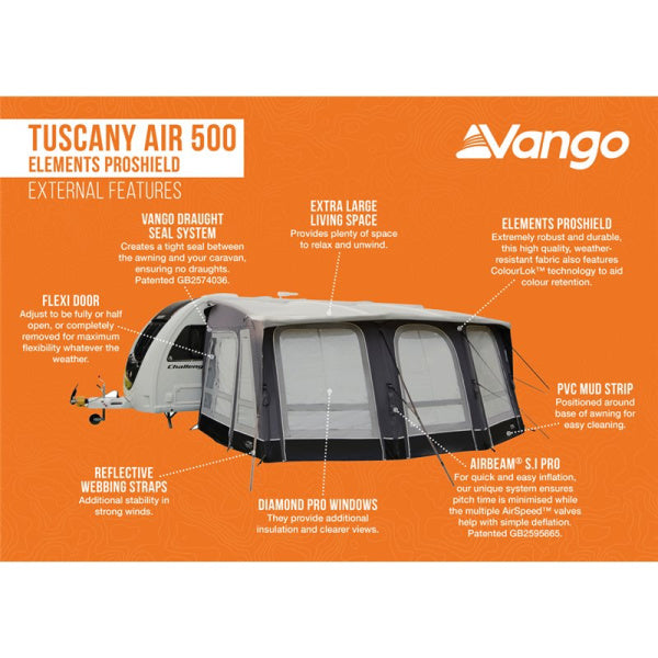 Diagram showing the external features of a Vango Tuscany 500 Elements Proshield