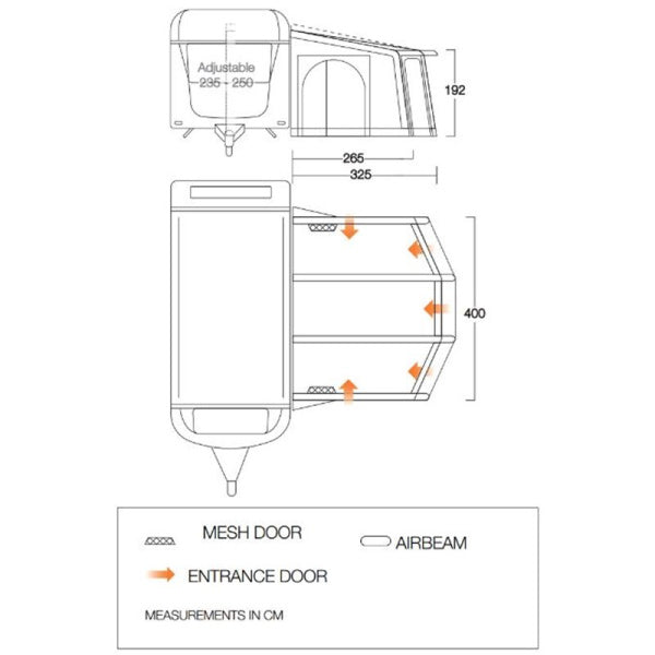 Dimensions diagram of a Vango Tuscany 400