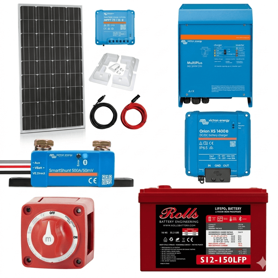 Victron Off-Grid Power System – Lithium Campervan Electrical Kit with solar panel, Victron MultiPlus inverter charger, Victron MPPT solar controller, Victron Orion XS DC-DC charger, SmartShunt battery monitor, Rolls lithium battery and battery isolator switch on a white background.