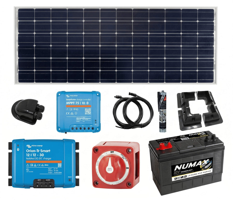 Victron Touring Power System – Campervan Electrical Kit with solar panel, Victron SmartSolar MPPT controller, Victron Orion-Tr Smart DC-DC charger, leisure battery, battery isolator switch, roof cable gland, mounting brackets and wiring on a white background.