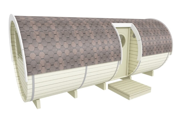 Back diagonal 3D view of Viking Industrier 2.2 x 5.4m Sleeping Barrel showing curved roof and wall panels on a white background.