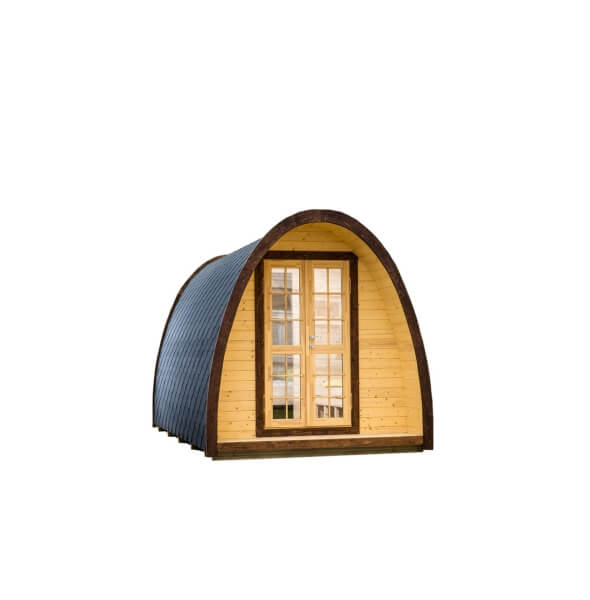 Viking Industrier 2.4 x 4.8m Camping Pod with natural wood front and dark roof panels on a transparent background.

