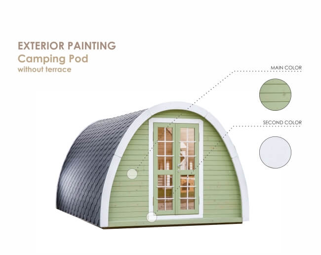 Viking Industrier 2.4 x 5.9m camping pod green and white color scheme illustration labeled with main and secondary colors on a white background.