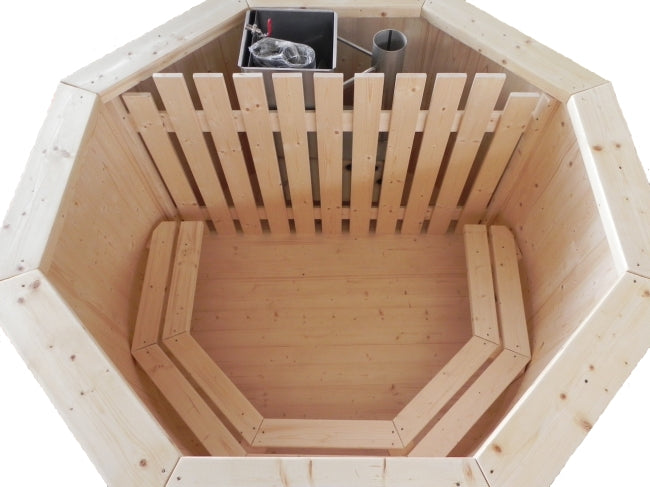 Top-down view of the Viking Industrier Spruce hot tub interior with wooden benches and internal heater guard, on a white background.