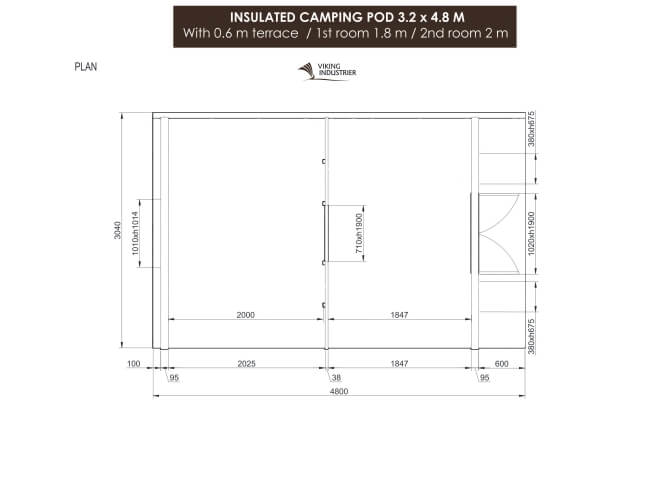 Viking Industrier 3.2 x 4.8m camping pod floor plan layout with dimensions on a white background.


