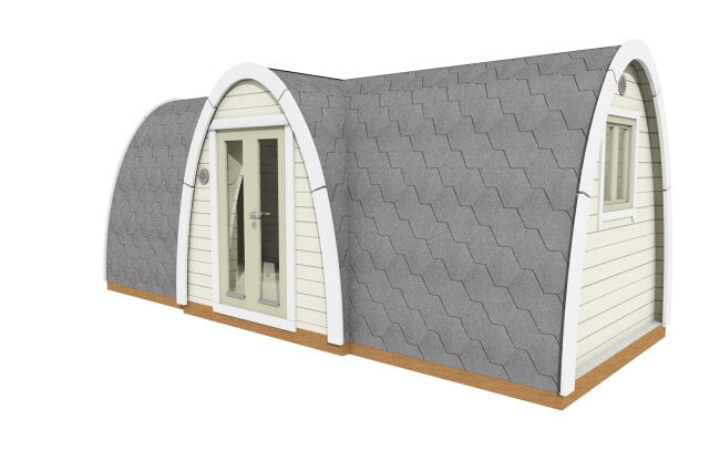 Viking Industrier 2.4 x 5.9m Camping Pod with Side Entrance 3D exterior view with light wood siding and gray roofing on a white background.
