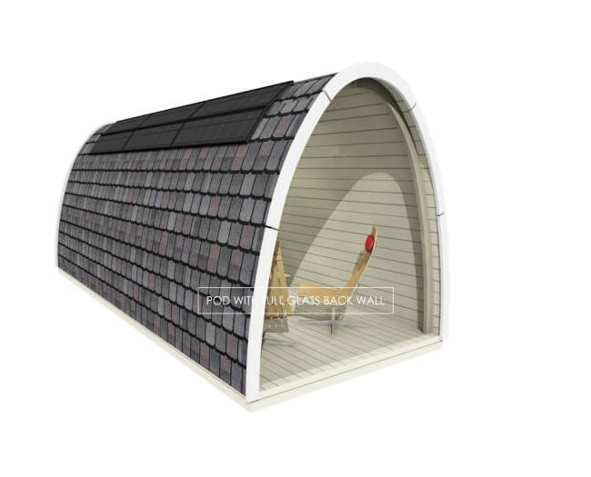 Viking Industrier 3.2 x 4.8m camping pod render showing full glass back wall and open interior with deck chairs on a white background.


