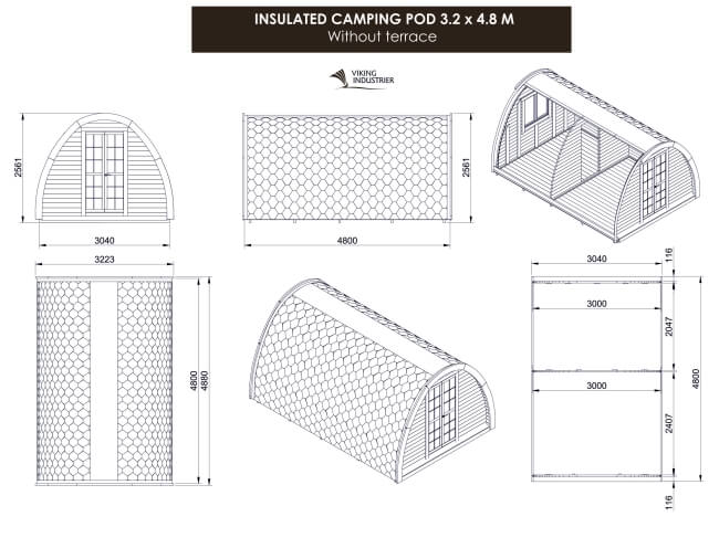 Viking Industrier 3.2 x 4.8m camping pod technical drawing in black and white on a white background.
