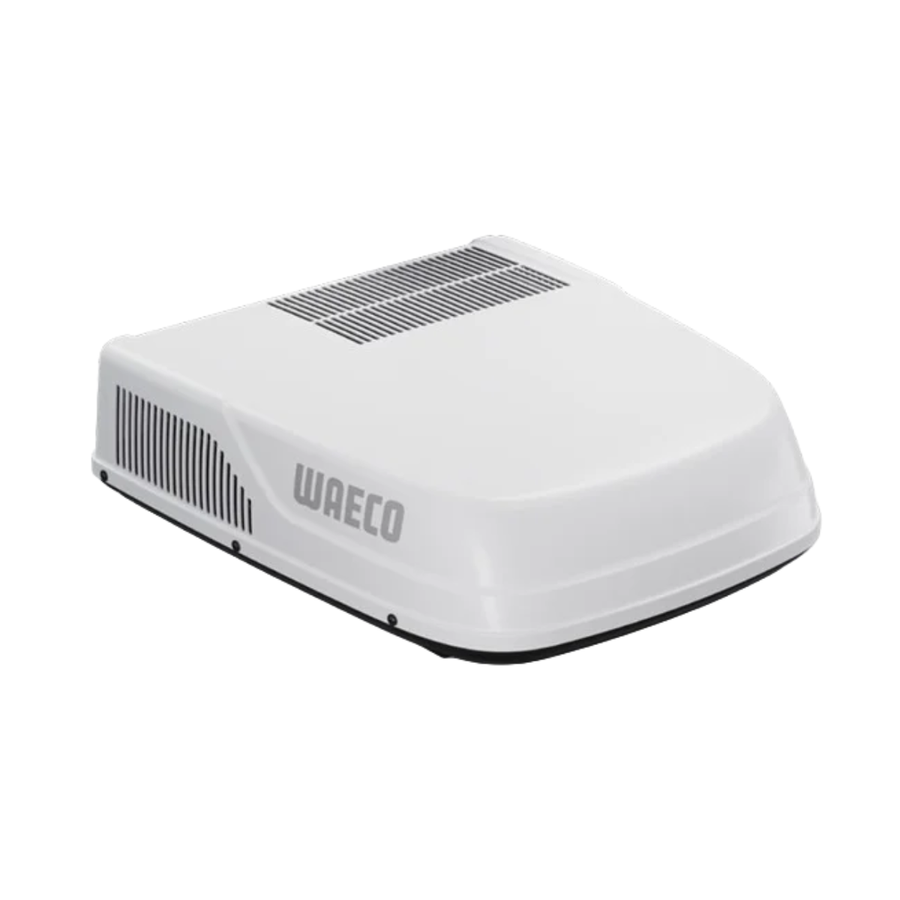 Waeco WAC 2200 rooftop air conditioner with white low-profile housing, integrated top vents, and side ventilation grilles on a white background.