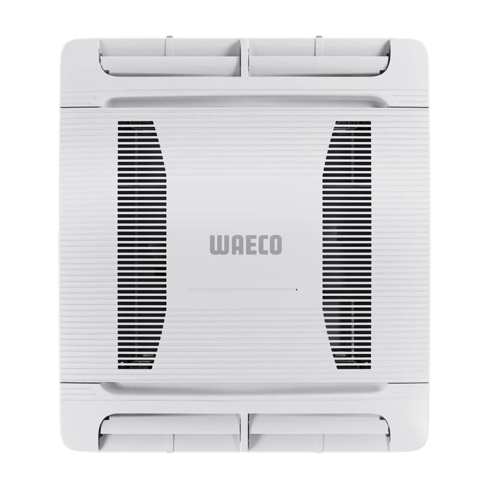Waeco WAC ADBL air distribution box top view featuring dual adjustable air outlets, central Waeco branding, and ventilation grilles on a white background.