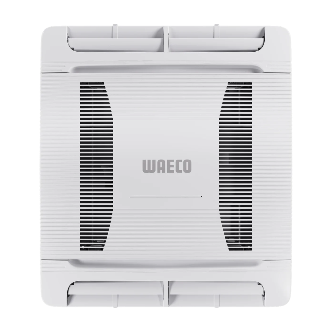 Waeco WAC ADBL air distribution box top view featuring dual adjustable air outlets, central Waeco branding, and ventilation grilles on a white background.