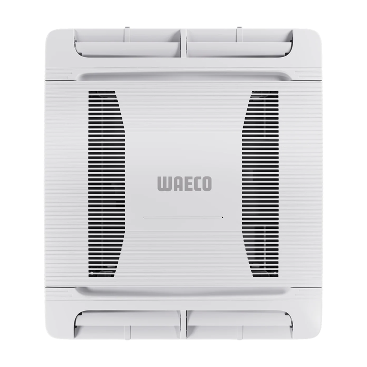 Waeco WAC ADBL air distribution box top view featuring dual adjustable air outlets, central Waeco branding, and ventilation grilles on a white background.