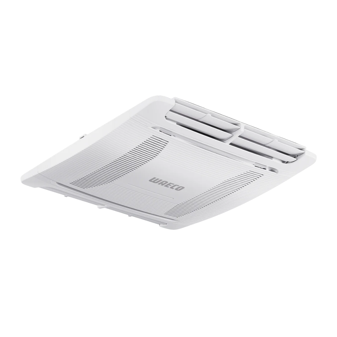 Waeco WAC ADBL air distribution box with integrated dual air vents, central intake grille, and slim white ceiling-mounted design on a white background.