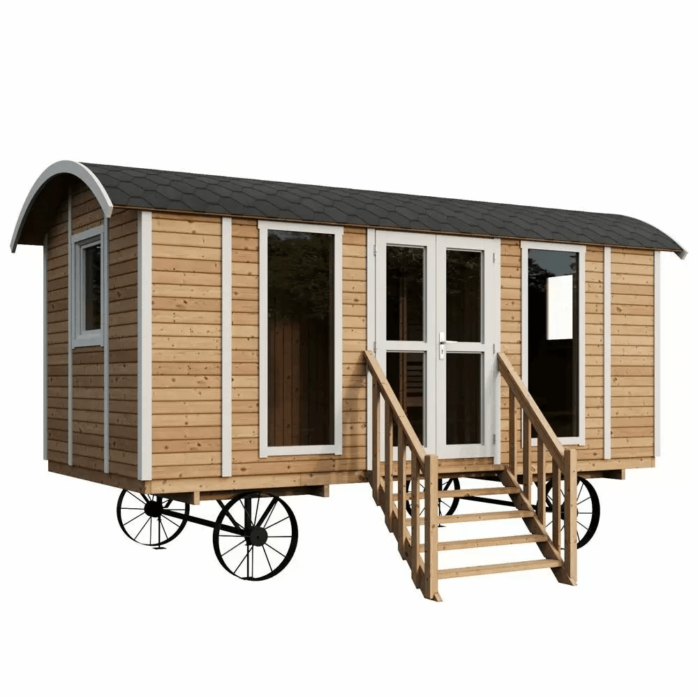 Wagon Log Sauna exterior on wheels in natural wood.