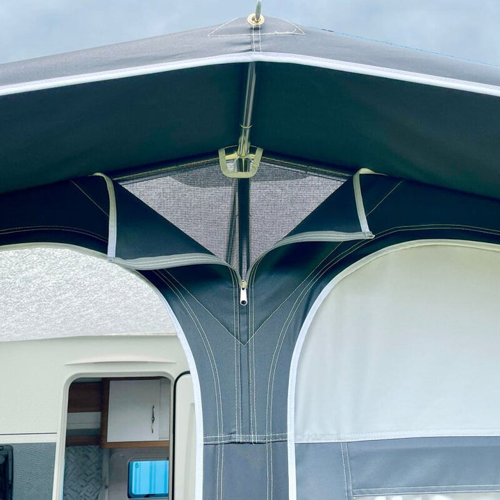 The ventilation ridge of a Walker Dynamic 250 caravan awning