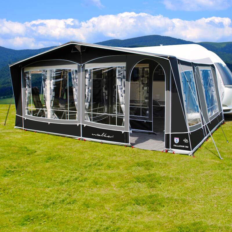 A Walker Palladium 350 Full Caravan Awning in a field
