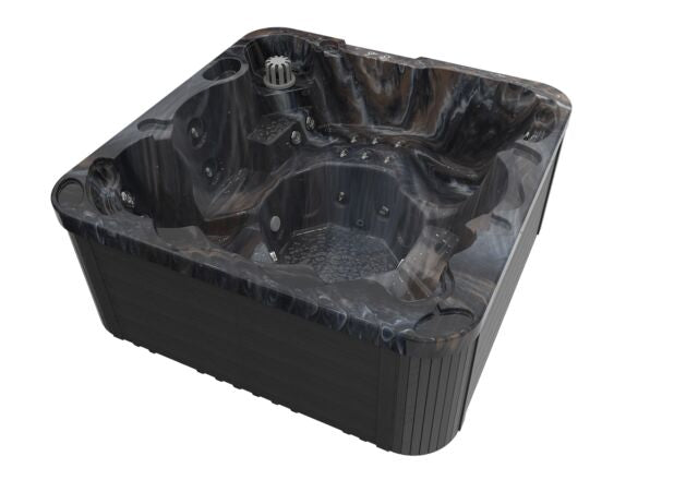Wellis Sevilla square hot tub spa with marbled dark acrylic shell, built-in massage jets, and integrated seating on a white background.