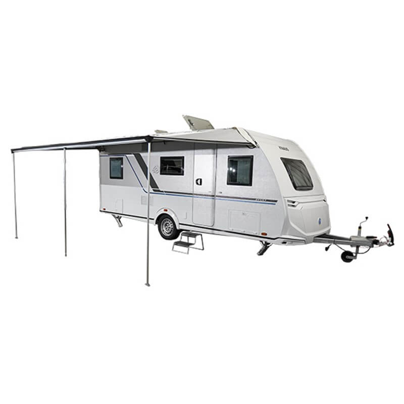 Westfield Luna Plus awning connected to a white caravan, on a with white background.