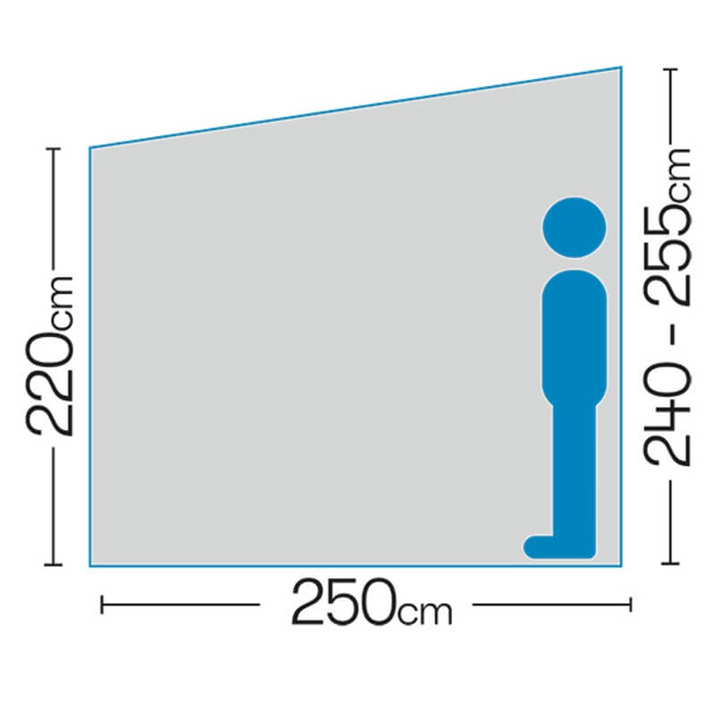 Size dimensions of the Westfield Luna Plus awning with human height comparison, on a white background.