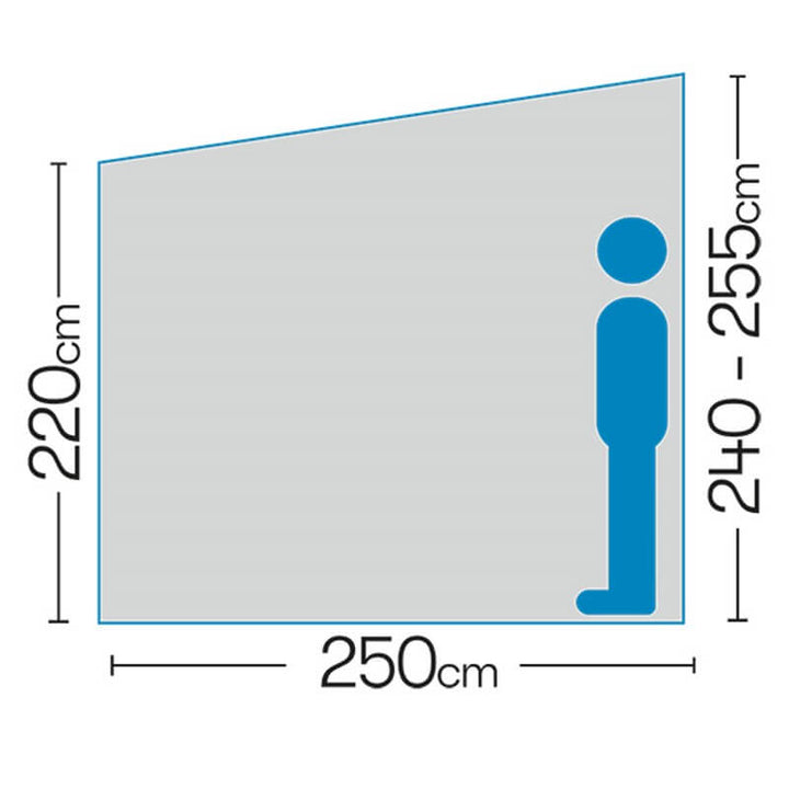 Size dimensions of the Westfield Luna Plus awning with human height comparison, on a white background.