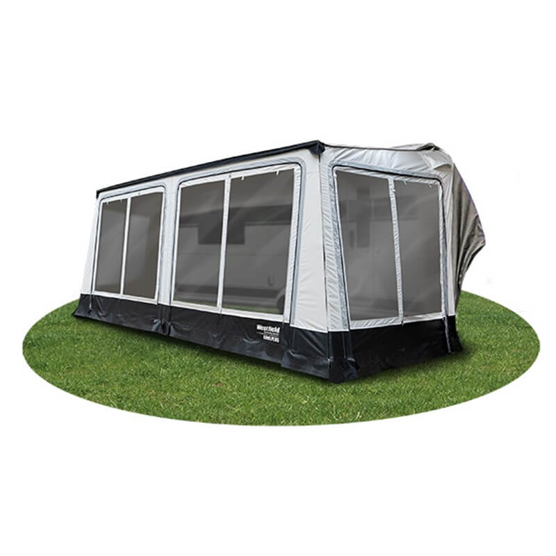Angled side view of Westfield Luna Plus awning with four windows and grey roof, on a white background.