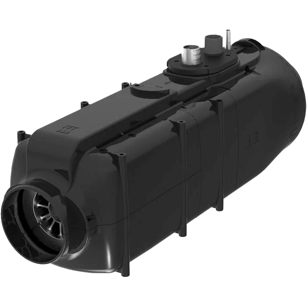 Whale HeatAir Underfloor 6kW Gas & Electric Space Heater angled view showing the air outlet fan and top gas and electric connection ports on a transparent background.