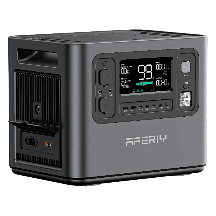Close-up rear and side view of Aferiy P10 2400W Solar Generator Kit showing input/output ports and active display screen, on a white background.