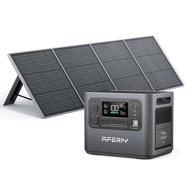 Aferiy P110 1200W Solar Generator Kit featuring a sleek portable power station and a foldable solar panel fully extended, placed side by side on a white background.