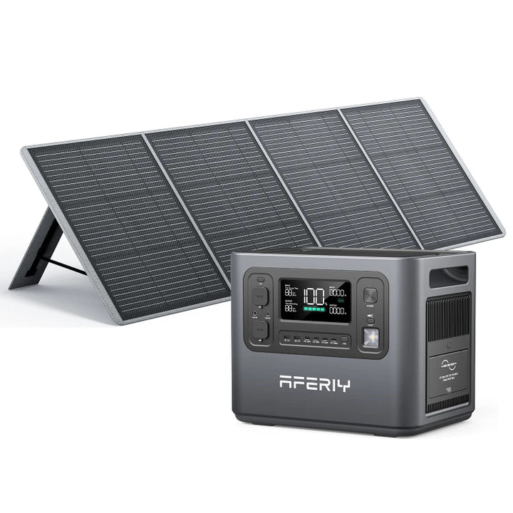 Aferiy P110 1200W Solar Generator Kit featuring a sleek portable power station and a foldable solar panel fully extended, placed side by side on a white background.