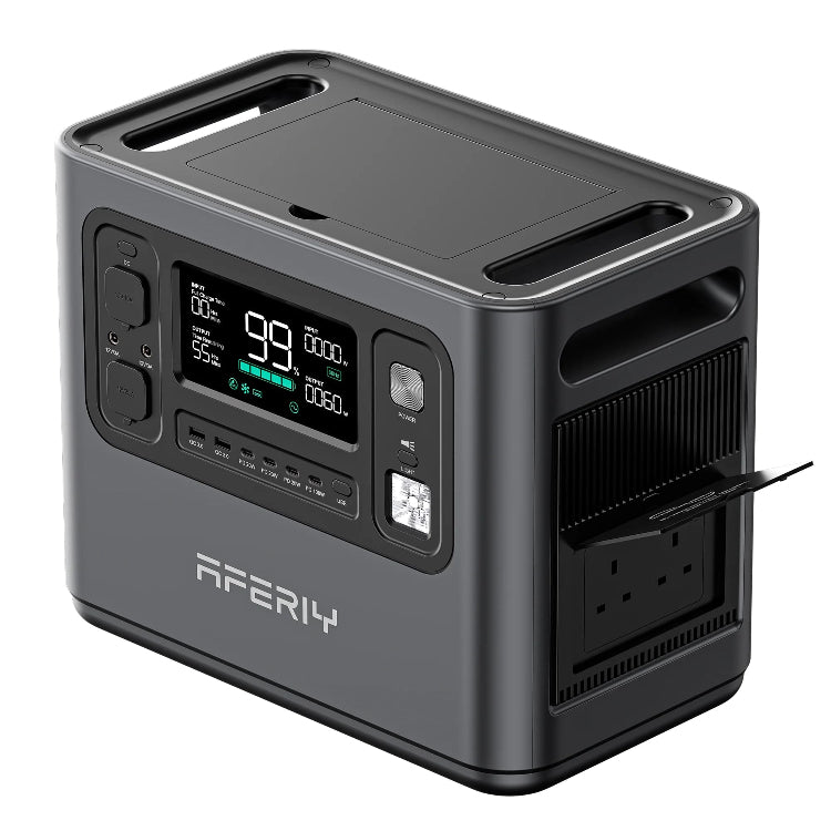 Angled top view of the Aferiy P110 1200W Portable Power Station showing dual handles, digital display at 99%, and UK socket flap open, on a white background.