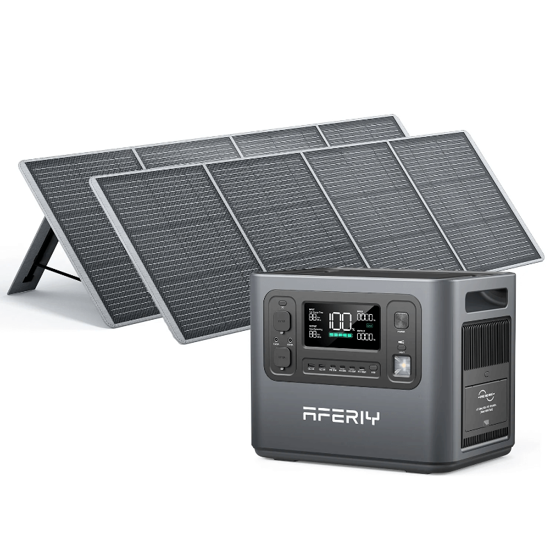 Aferiy P210 2400W portable power station shown next to a foldable solar panel array for sustainable energy use, on a white background.