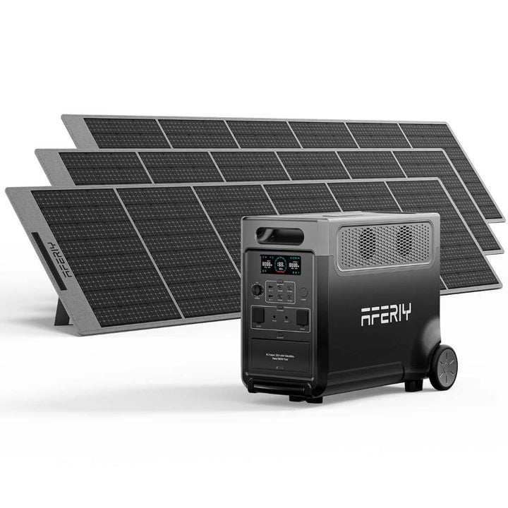 Aferiy P310 3600W Solar Generator Kit on a white background, featuring a sleek black power station and three foldable solar panels arranged in a staggered layout.