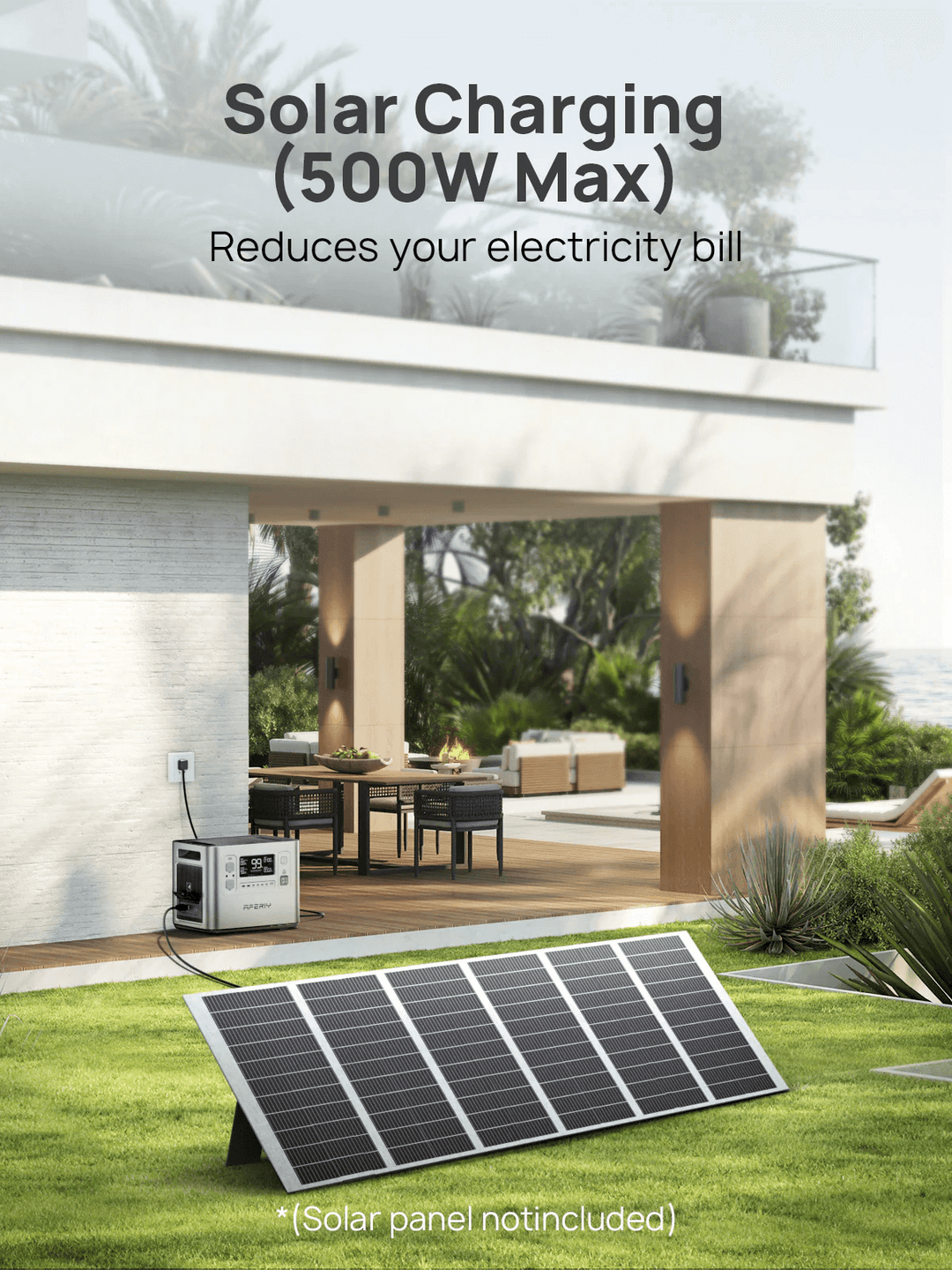AFERIY P210 power station shown charging via solar panels with solar charging text highlighting 500W max capacity, set in a modern home garden background.