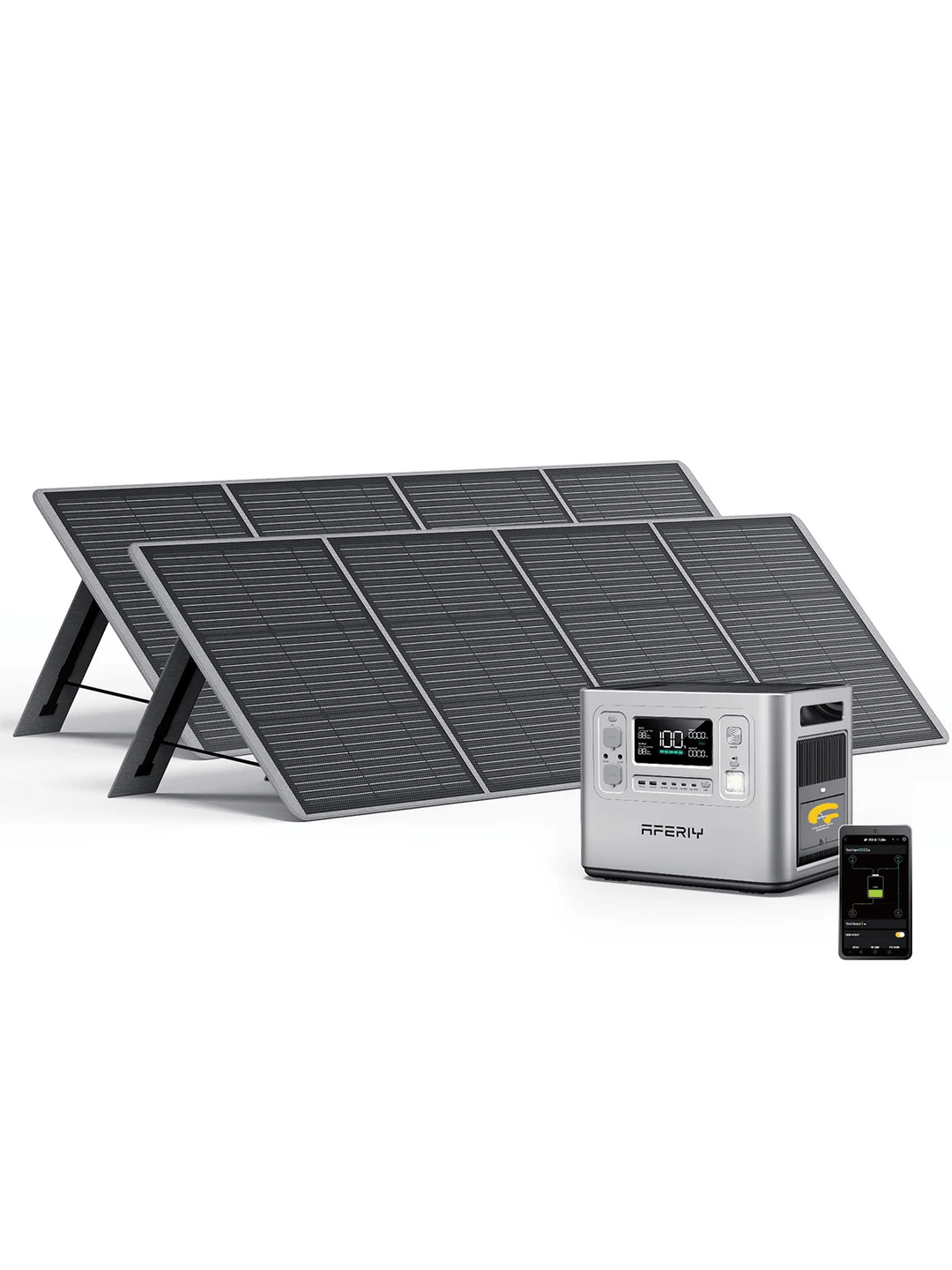 AFERIY P210 portable power station paired with two foldable solar panels and smartphone app interface, displayed on a white background.