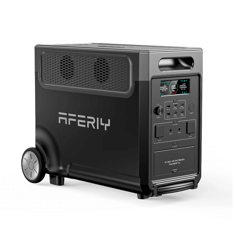 Angled side view of the Aferiy P310 power station showing the brand logo, ventilation panel, and control interface, on a white background.