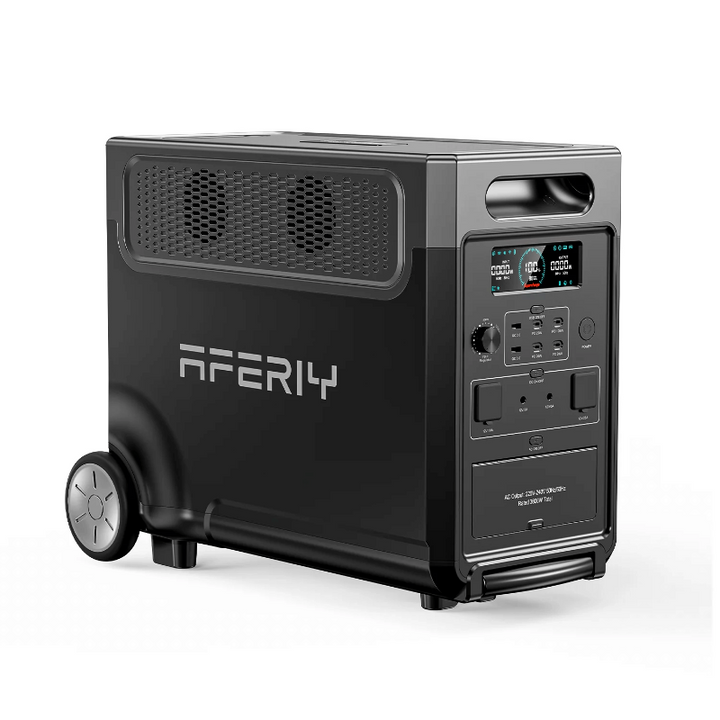 Angled side view of the Aferiy P310 power station showing the brand logo, ventilation panel, and control interface, on a white background.