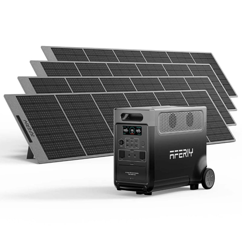 Aferiy P310 3600W Solar Generator Kit on a white background, showing a different angle with stacked solar panels behind the black wheeled generator.
