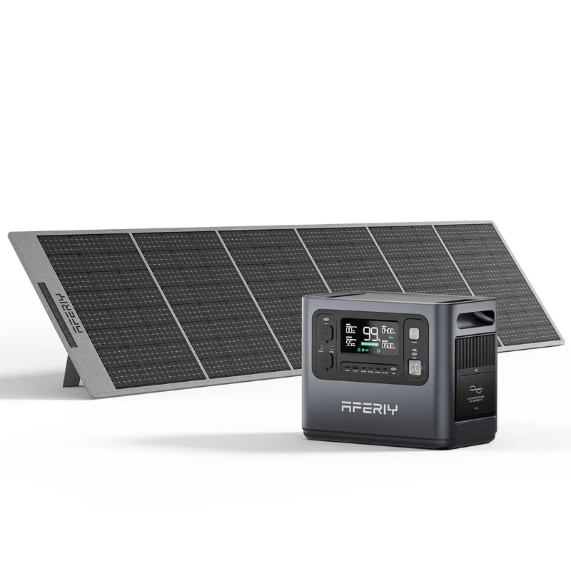 Aferiy P110 1200W Solar Generator Kit showing power station with a digital readout of 99% battery and single solar panel beside it, on a white background.