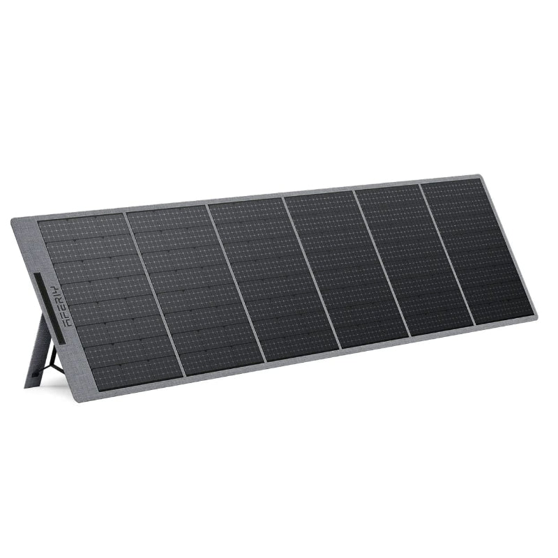 Close-up of a fully extended Aferiy solar panel with six dark solar cells and support legs visible, photographed on a white background.