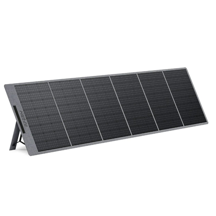 Close-up of a fully extended Aferiy solar panel with six dark solar cells and support legs visible, photographed on a white background.