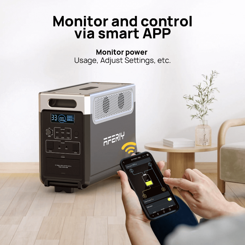 Indoor scene with Aferiy P310 power station placed near furniture, while a person controls it using a smartphone app, on a white background.